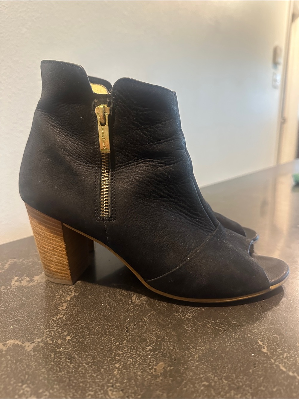 Paul Green Black Leather Peep-Toe Ankle Booties with Stacked Heel